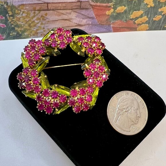 Navette and Chaton Wreath Brooch Green and Pink - Picture 3 of 5